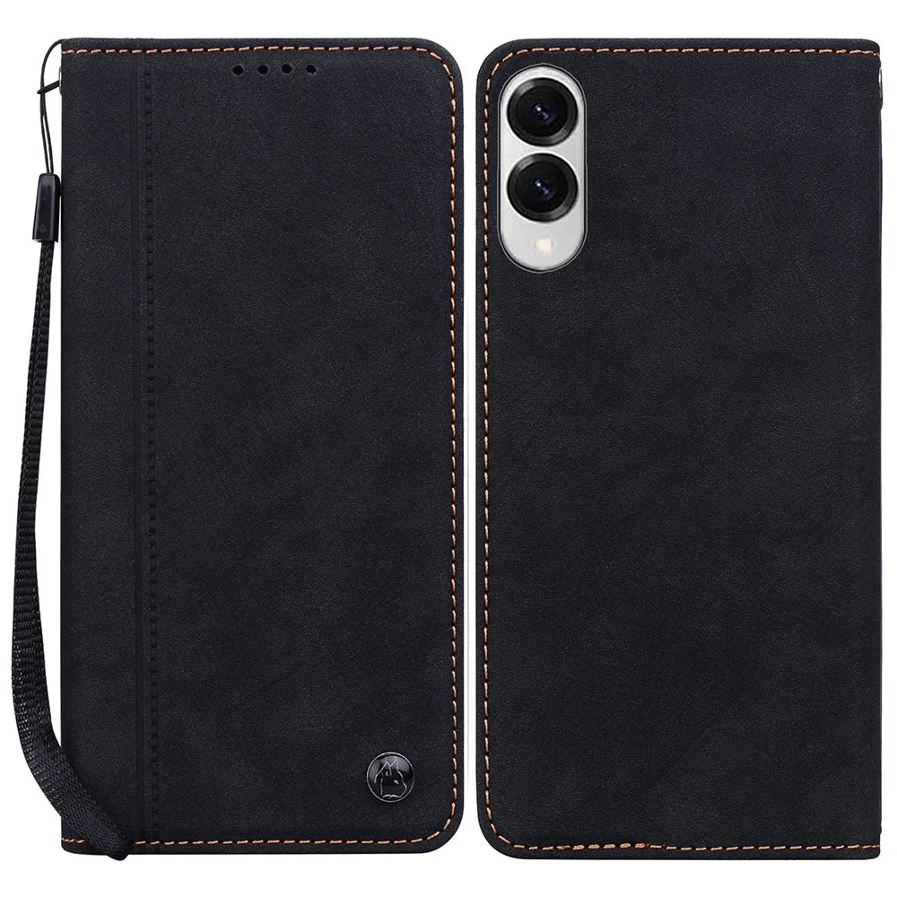 For Samsung Galaxy S25 Edge Case Lines Pattern Wallet Leather Phone Cover with Strap - Black - 1