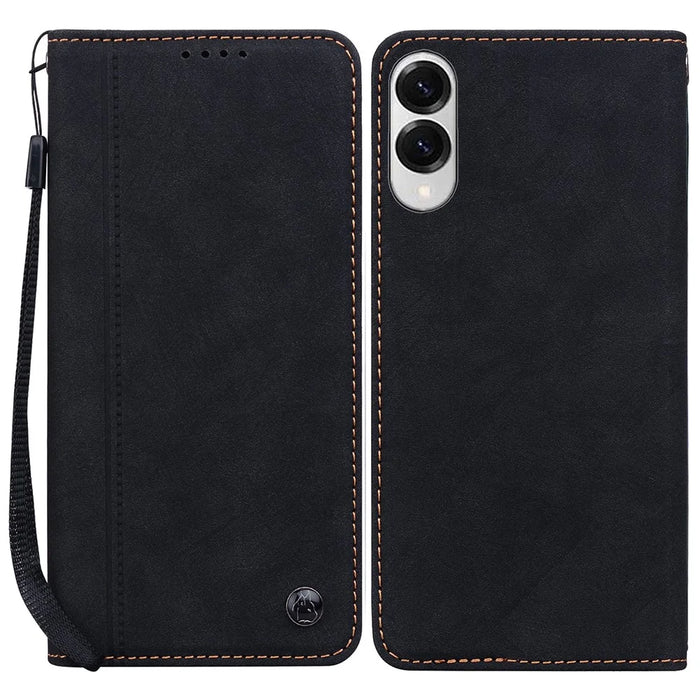 For Samsung Galaxy S25 Edge Case Lines Pattern Wallet Leather Phone Cover with Strap - Black - 1