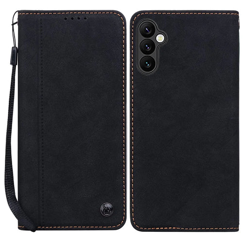 For Samsung Galaxy A15 4G / 5G Case Lines Pattern Wallet Leather Phone Cover with Strap - Black - 1