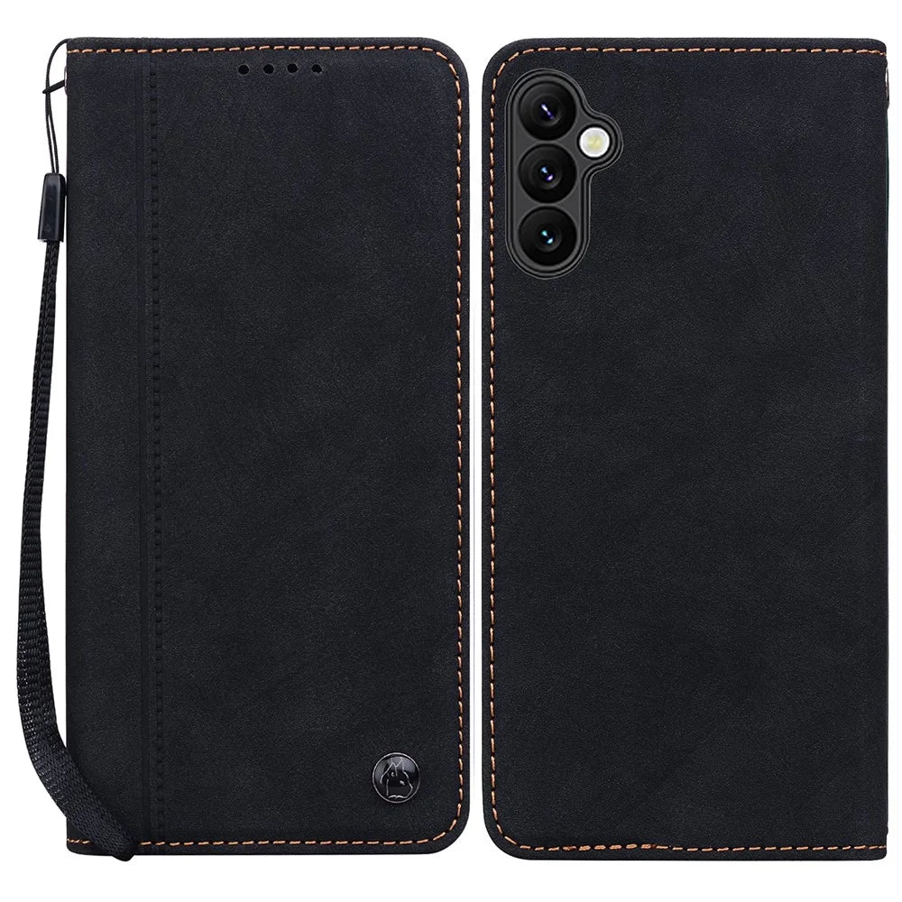 For Samsung Galaxy A15 4G / 5G Case Lines Pattern Wallet Leather Phone Cover with Strap - Black - 1