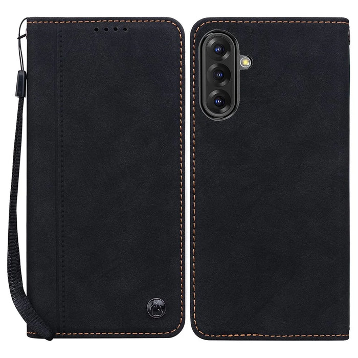For Samsung Galaxy A36 5G / A56 5G Case Lines Pattern Wallet Leather Phone Cover with Strap - Black - 1