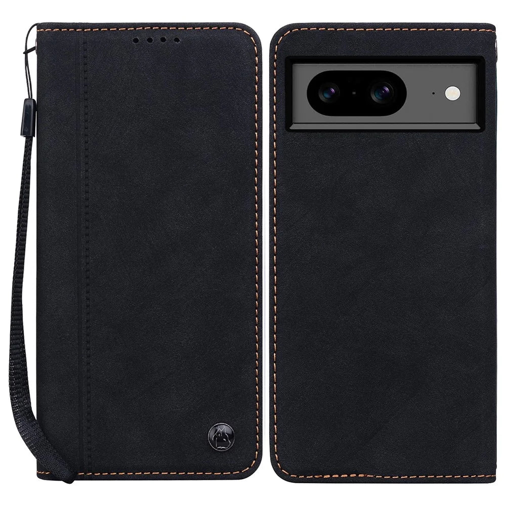 For Google Pixel 8 Case Lines Pattern Wallet Leather Phone Cover with Strap - Black - 1