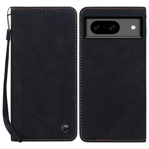 For Google Pixel 8 Case Lines Pattern Wallet Leather Phone Cover with Strap - Black - 1