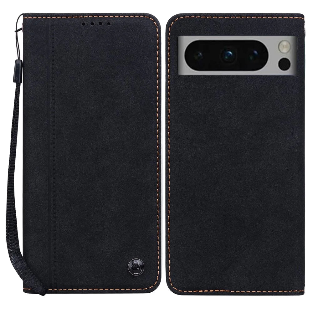 For Google Pixel 8 Pro Case Lines Pattern Wallet Leather Phone Cover with Strap - Black - 1