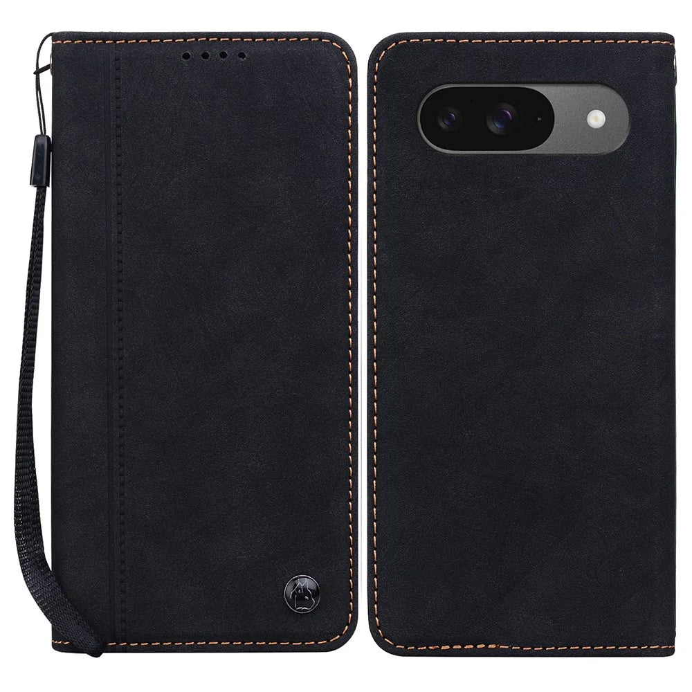 Phone Case For Google Pixel 10 Pro / 9 / 9 Pro Lines Pattern Wallet Leather Cover with Strap - Black - 1