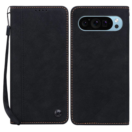 For Google Pixel 10 Pro XL / 9 Pro XL Case Lines Pattern Wallet Leather Phone Cover with Strap - Black - 1