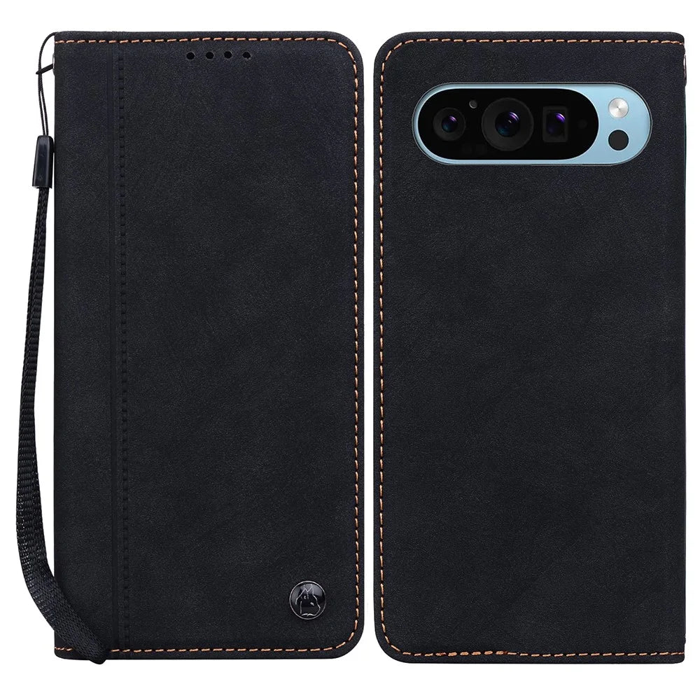 For Google Pixel 10 Pro XL / 9 Pro XL Case Lines Pattern Wallet Leather Phone Cover with Strap - Black - 1