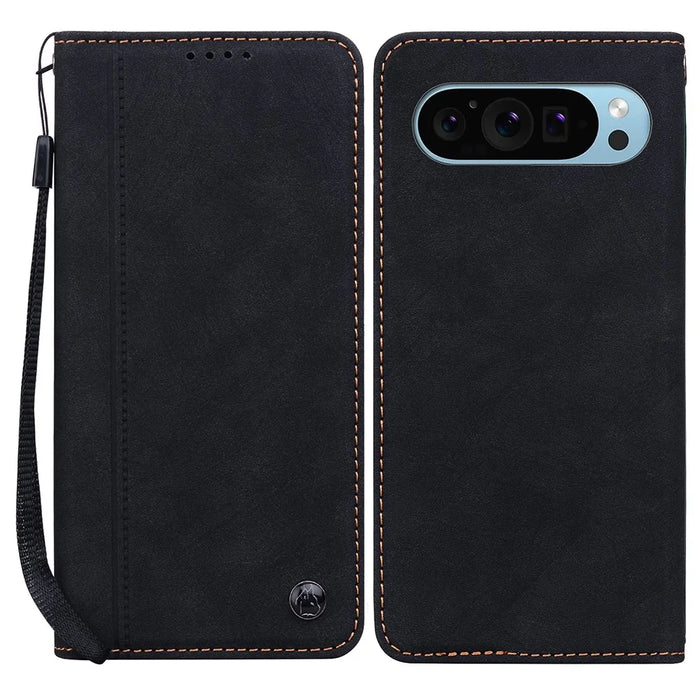 For Google Pixel 10 Pro XL / 9 Pro XL Case Lines Pattern Wallet Leather Phone Cover with Strap - Black - 1