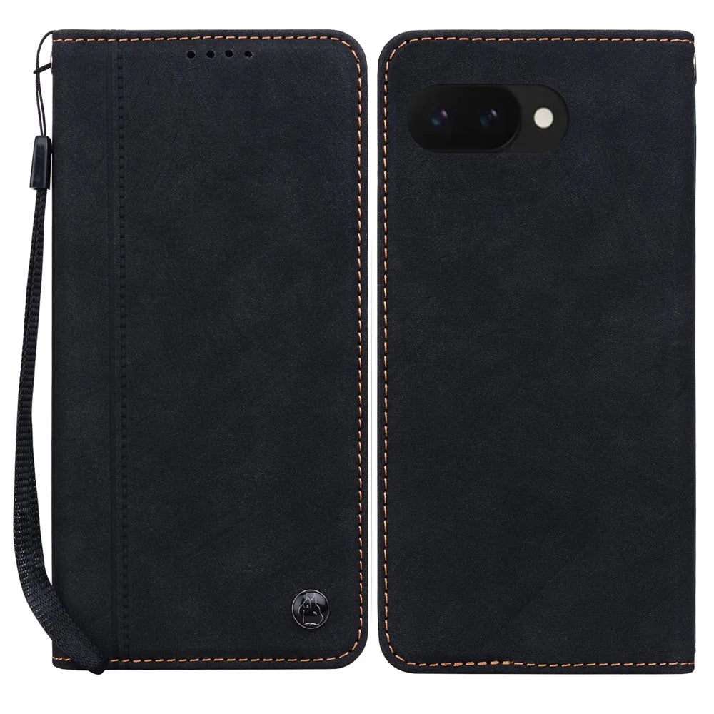 For Google Pixel 9a Case Lines Pattern Wallet Leather Phone Cover with Strap - Black - 1