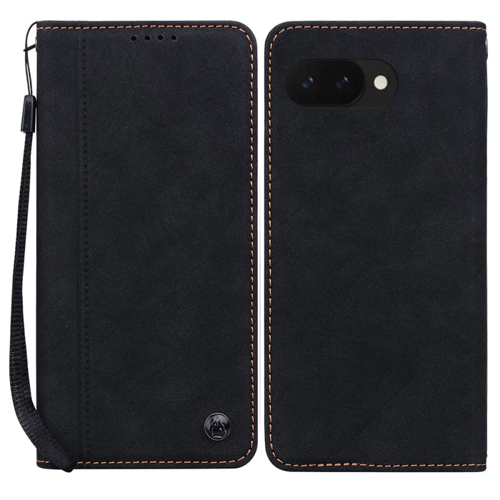 For Google Pixel 9a Case Lines Pattern Wallet Leather Phone Cover with Strap - Black - 1