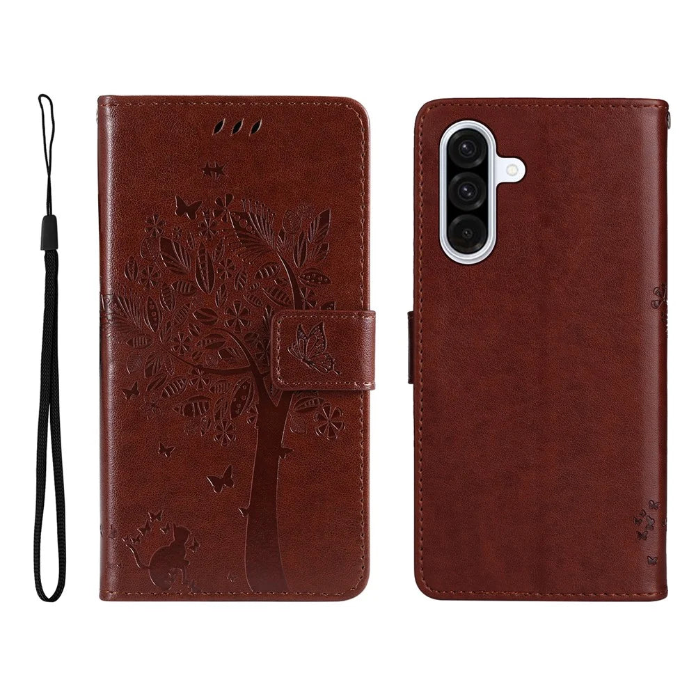 For Samsung Galaxy A36 5G Phone Case with Stand Cat Tree Pattern Leather Wallet Mobile Cover - Coffee - 1