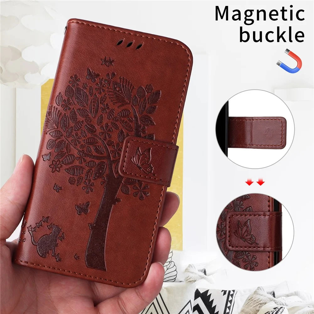 For Samsung Galaxy A36 5G Phone Case with Stand Cat Tree Pattern Leather Wallet Mobile Cover - Coffee - 5