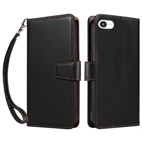 For iPhone 17e / 16e Case RFID Blocking Leather Wallet Flip Phone Cover with Wrist Strap - Black - 1