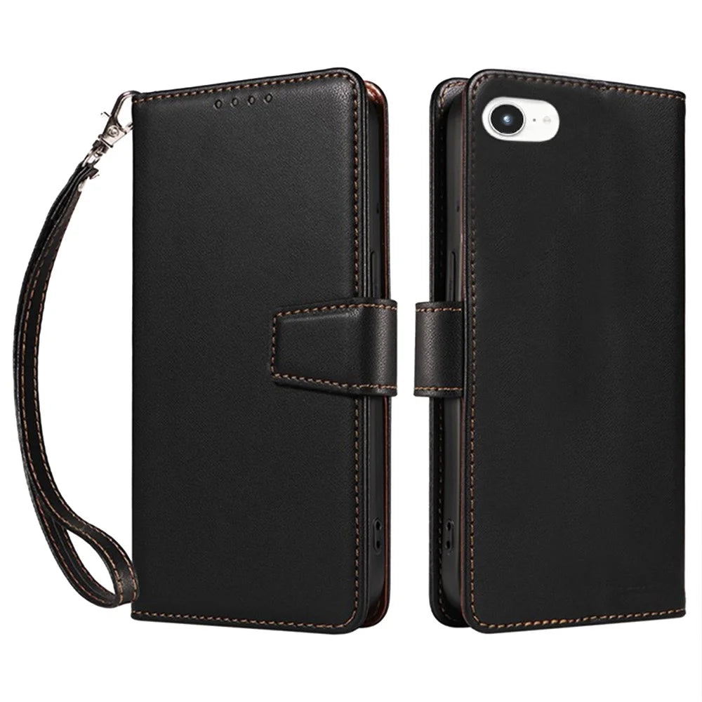 For iPhone 17e / 16e Case RFID Blocking Leather Wallet Flip Phone Cover with Wrist Strap - Black - 1