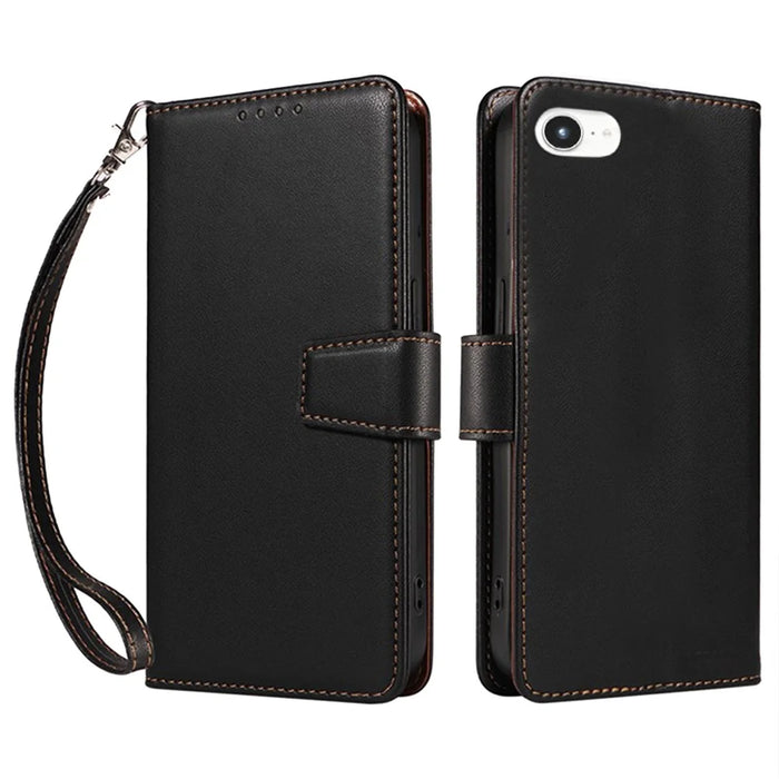 For iPhone 17e / 16e Case RFID Blocking Leather Wallet Flip Phone Cover with Wrist Strap - Black - 1