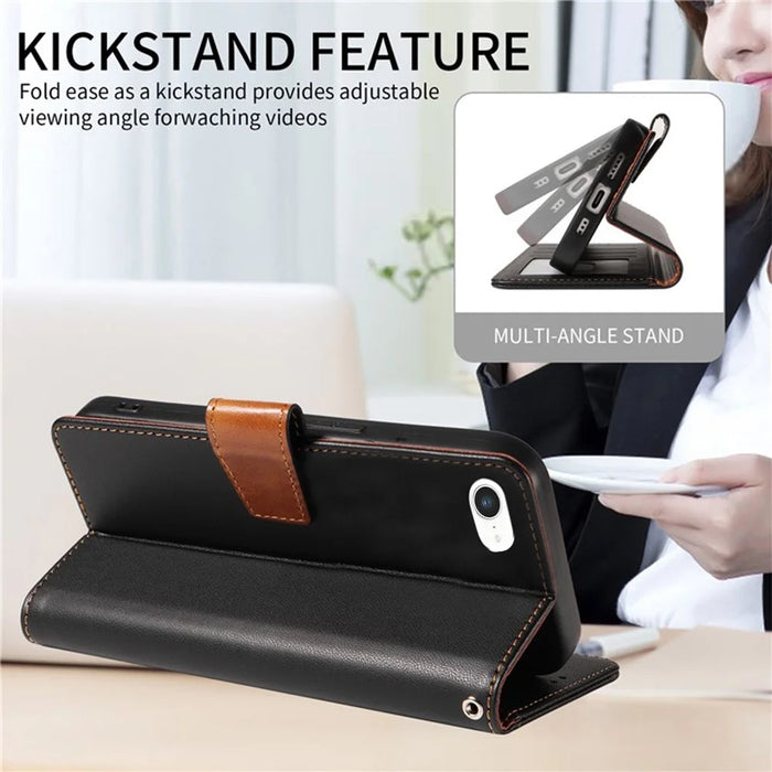 For iPhone 17e / 16e Case RFID Blocking Leather Wallet Flip Phone Cover with Wrist Strap - Black - 4