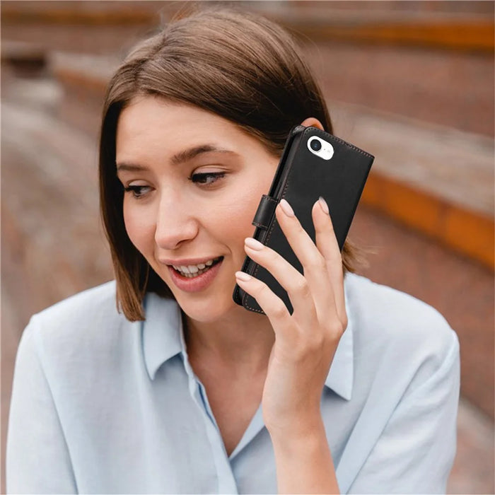 For iPhone 17e / 16e Case RFID Blocking Leather Wallet Flip Phone Cover with Wrist Strap - Black - 5