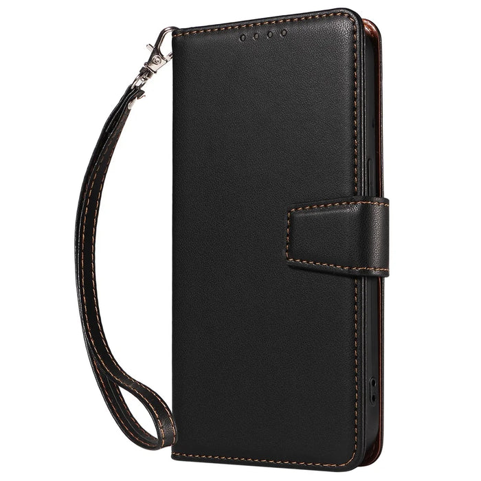 For iPhone 17e / 16e Case RFID Blocking Leather Wallet Flip Phone Cover with Wrist Strap - Black - 6