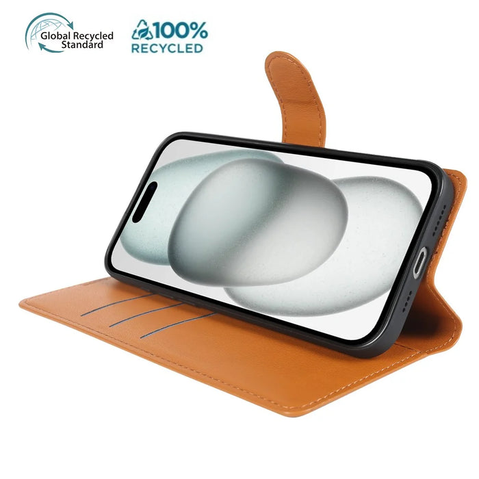For iPhone 15 Stand Case Biobased Eco-Friendly RPET RPVB Slim Phone Cover with Wallet - Orange - 4