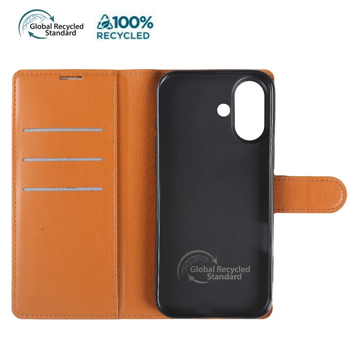 For iPhone 16 Stand Case Biobased Eco-Friendly RPET RPVB Slim Phone Cover with Wallet - Orange - 2