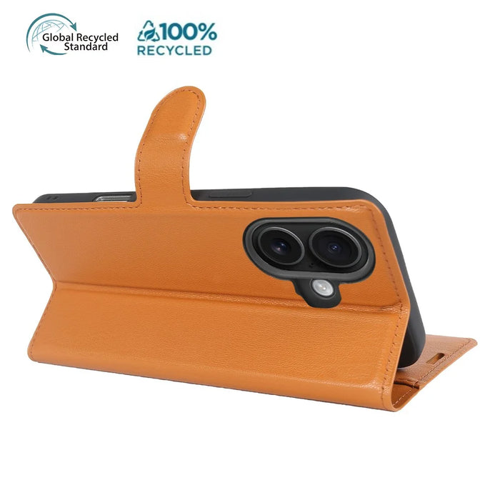 For iPhone 16 Stand Case Biobased Eco-Friendly RPET RPVB Slim Phone Cover with Wallet - Orange - 3