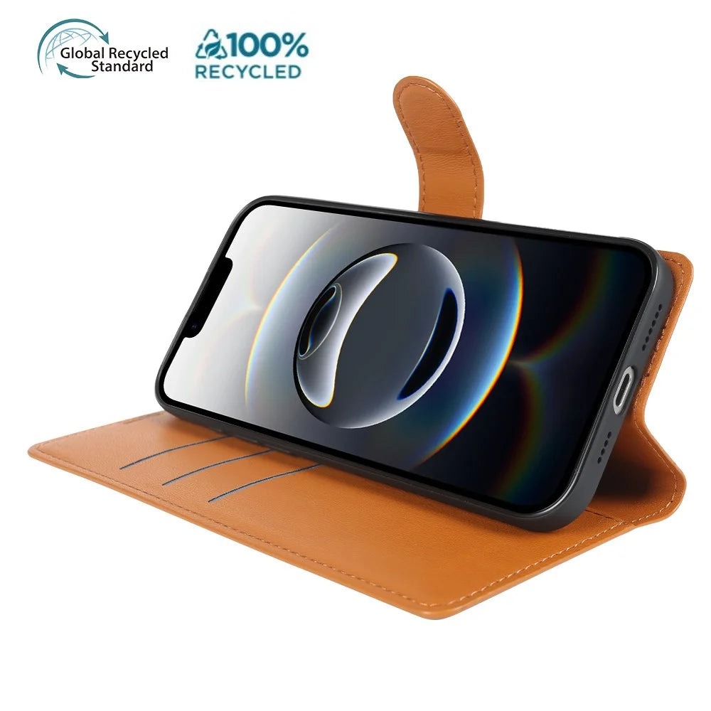 For iPhone 17e / 16e Stand Case Biobased Eco-Friendly RPET RPVB Slim Phone Cover with Wallet - Orange - 4
