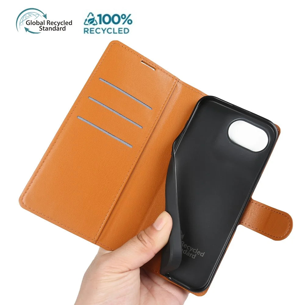 For iPhone 17e / 16e Stand Case Biobased Eco-Friendly RPET RPVB Slim Phone Cover with Wallet - Orange - 5