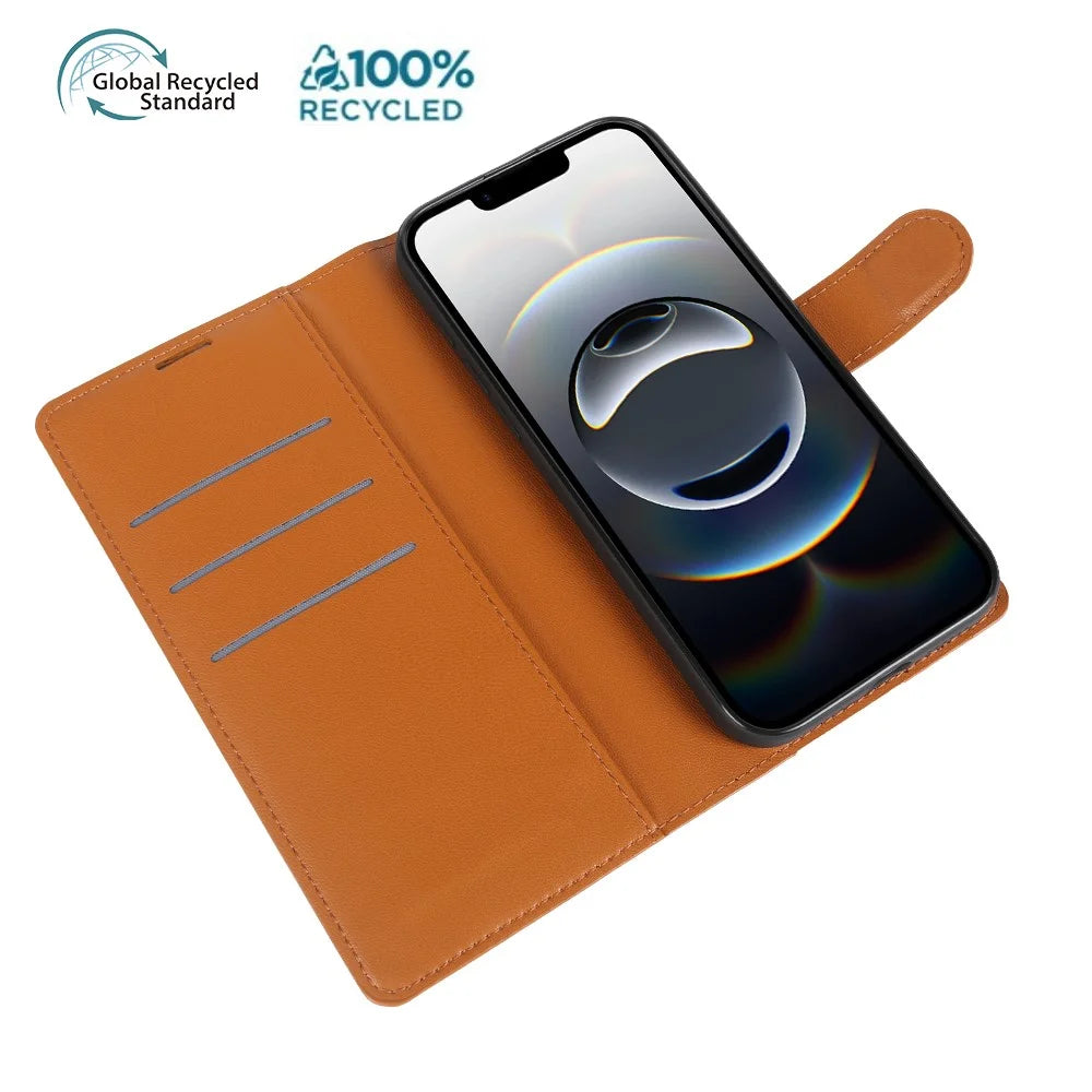 For iPhone 17e / 16e Stand Case Biobased Eco-Friendly RPET RPVB Slim Phone Cover with Wallet - Orange - 6