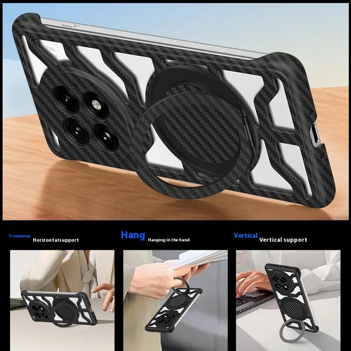 For OnePlus 13 Case with Kickstand Heat Dissipation Hard PC Phone Back Cover Carbon Fiber Texture - Black - 6