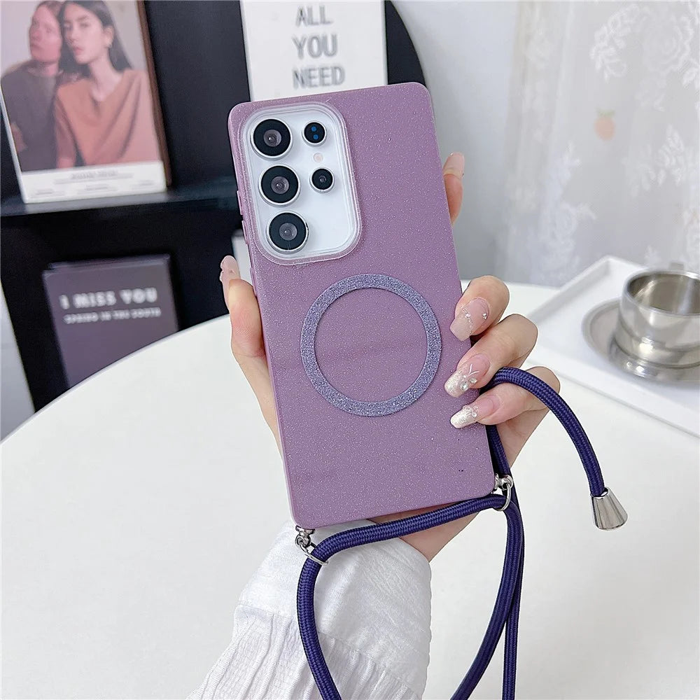 For Samsung Galaxy S25 Ultra Magnetic Case Glitter Design TPU + Acrylic Phone Back Cover with Lanyard - Purple - 1