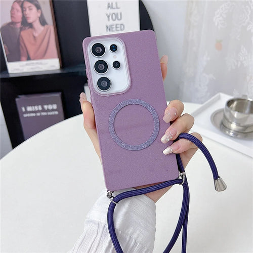 For Samsung Galaxy S25 Ultra Magnetic Case Glitter Design TPU + Acrylic Phone Back Cover with Lanyard - Purple - 1