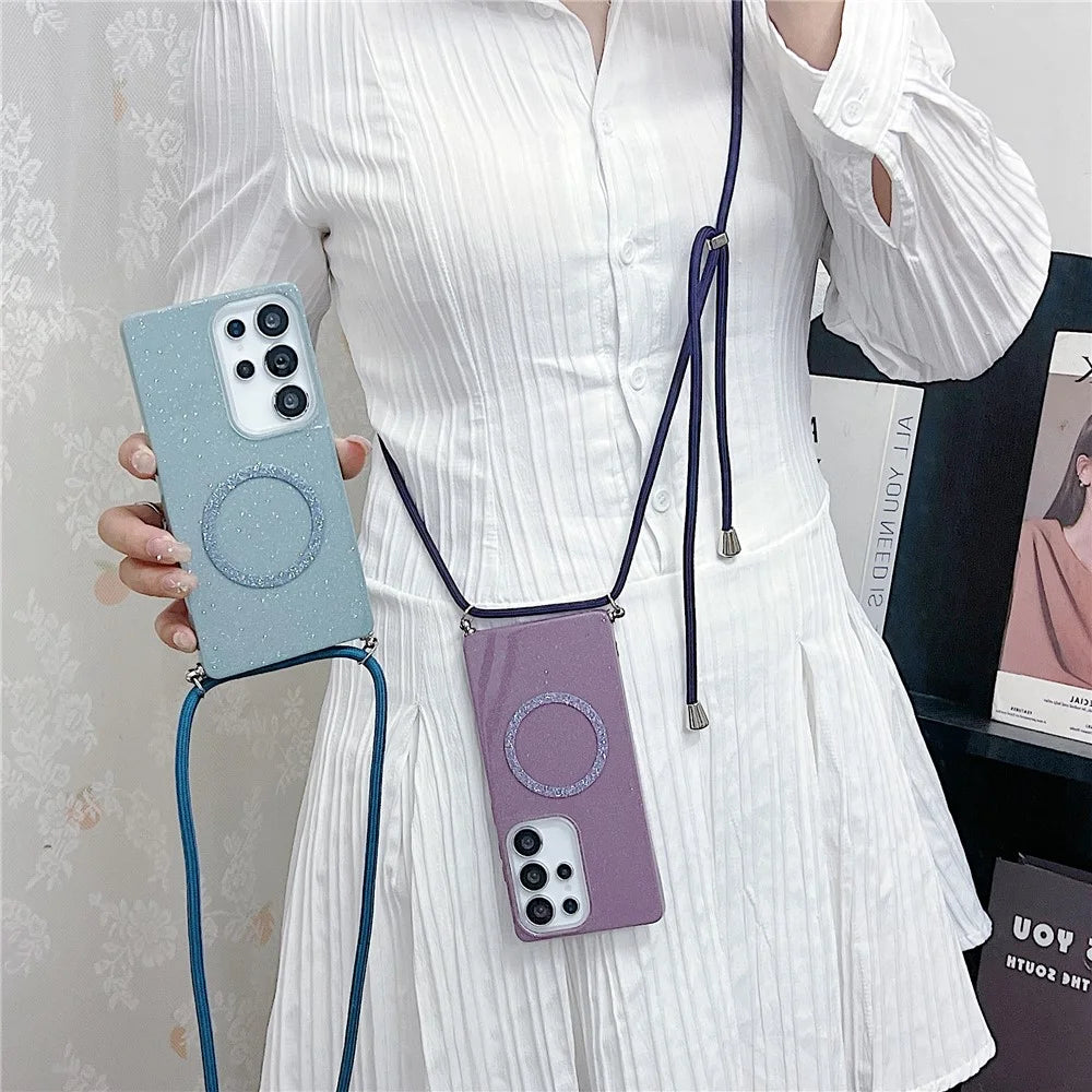 For Samsung Galaxy S25 Ultra Magnetic Case Glitter Design TPU + Acrylic Phone Back Cover with Lanyard - Purple - 3