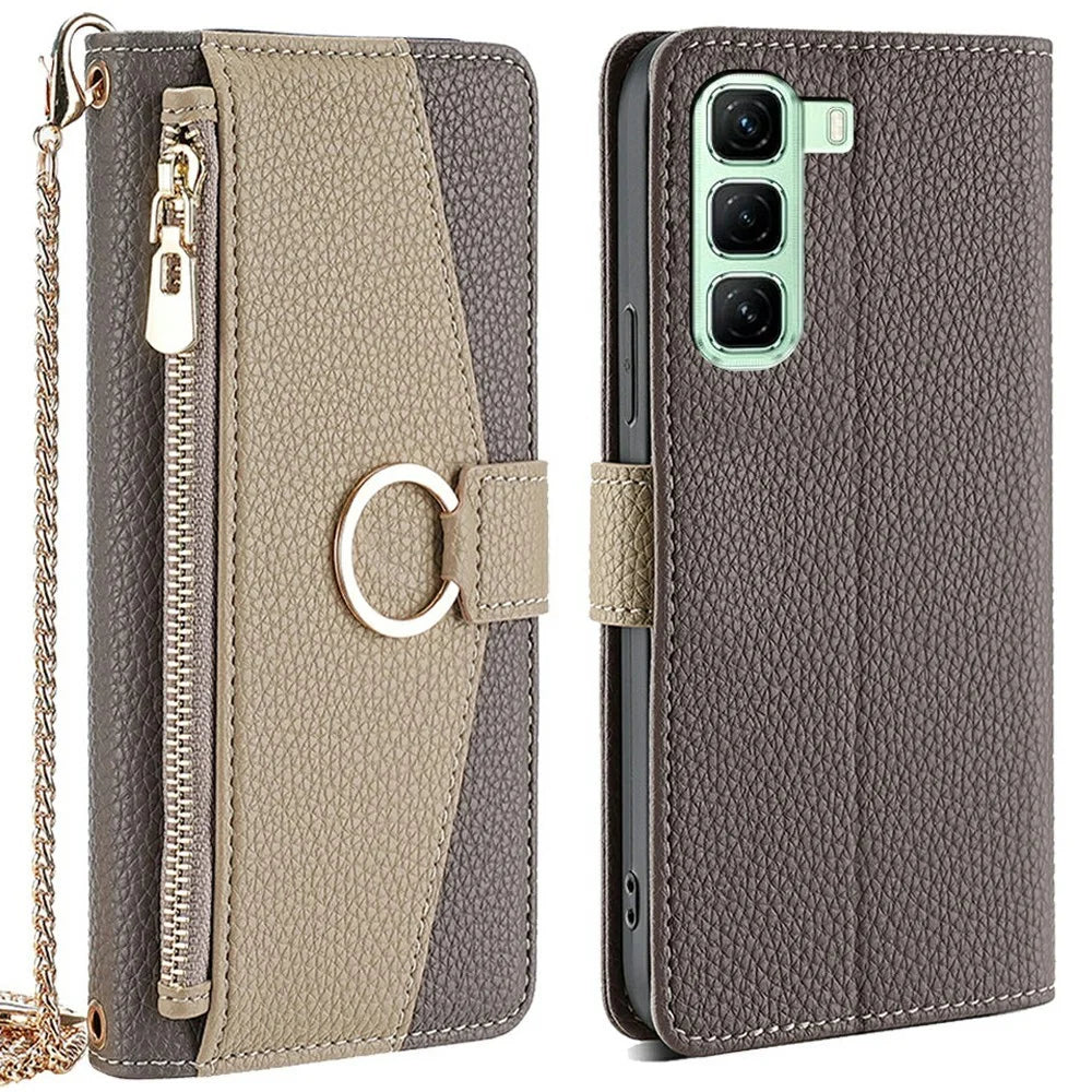 For Infinix Hot 50 4G Case Mirror Wallet Leather Phone Cover with Chain Shoulder Strap - Grey - 1