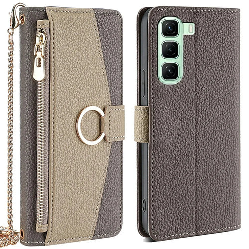 For Infinix Hot 50 4G Case Mirror Wallet Leather Phone Cover with Chain Shoulder Strap - Grey - 1