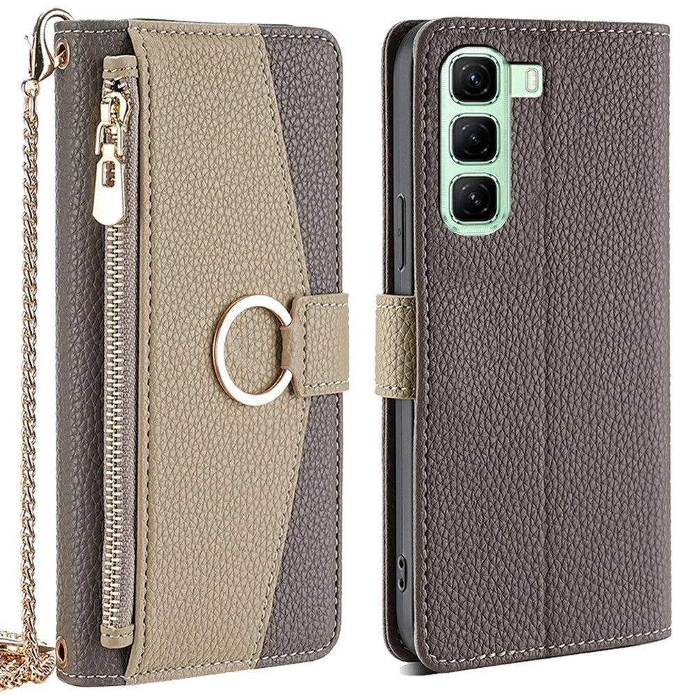 For Infinix Hot 50 5G Case Mirror Wallet Leather Phone Cover with Chain Shoulder Strap - Grey - 1