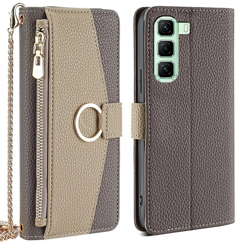 For Infinix Hot 50 5G Case Mirror Wallet Leather Phone Cover with Chain Shoulder Strap - Grey - 1