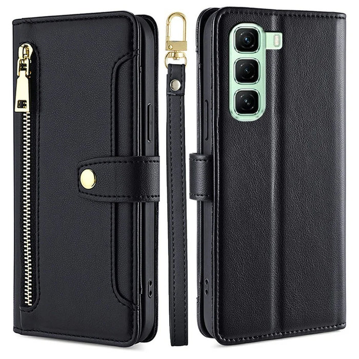 For Infinix Hot 50 4G Leather Case Zipper Pocket Wallet Phone Cover with 2 Straps - Black - 1