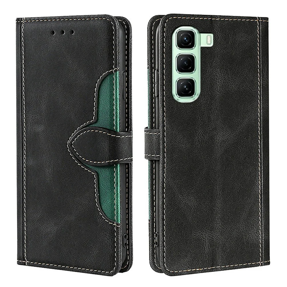 For Infinix Hot 50 5G Case Leather Wallet Phone Cover with Straw Hat Magnetic Clasp - Black - 1