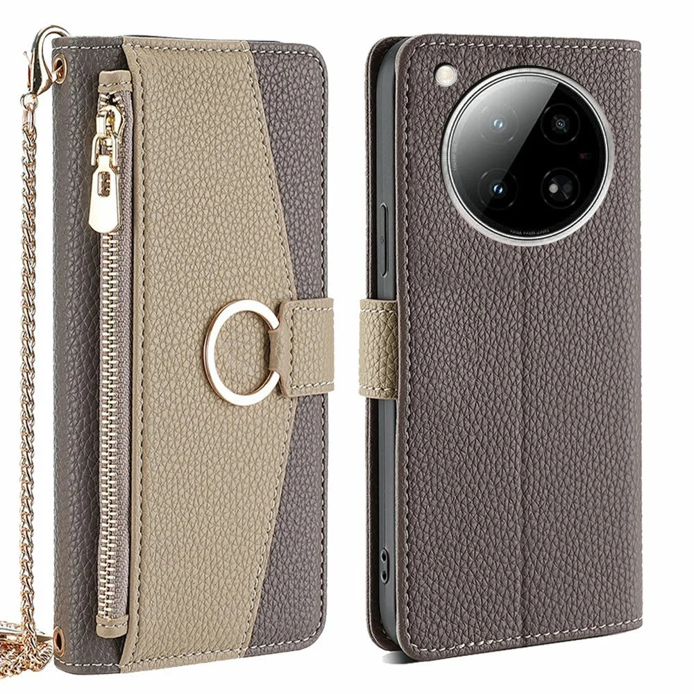 For Infinix Zero 40 4G Case Mirror Wallet Leather Phone Cover with Chain Shoulder Strap - Grey - 1