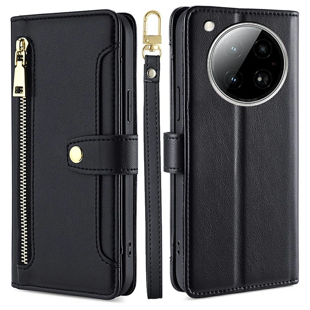 For Infinix Zero 40 4G Leather Case Zipper Pocket Wallet Phone Cover with 2 Straps - Black - 1