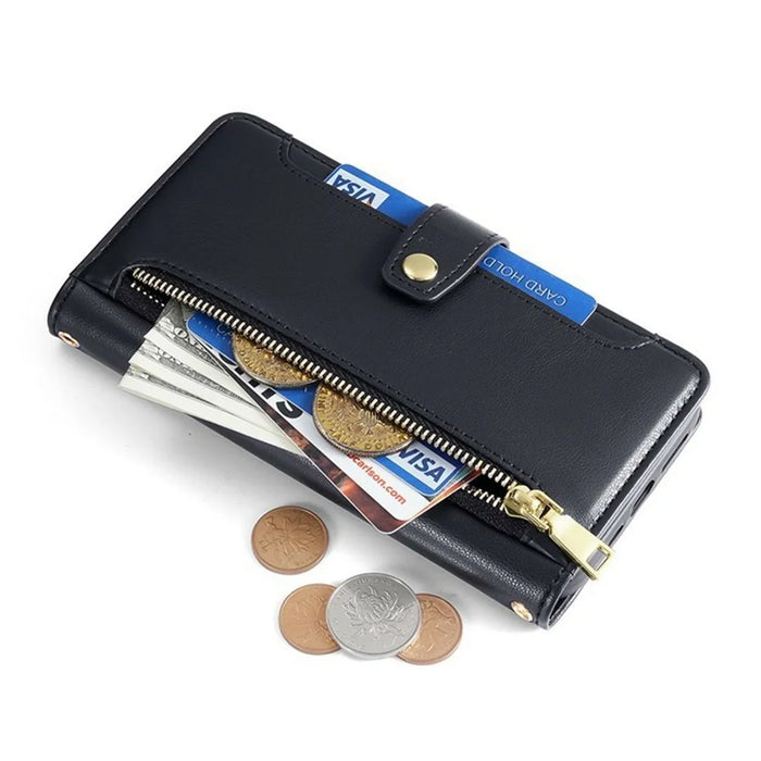 For Infinix Zero 40 4G Leather Case Zipper Pocket Wallet Phone Cover with 2 Straps - Black - 6