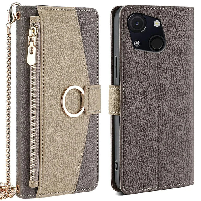 For itel A50C Case Mirror Wallet Leather Phone Cover with Chain Shoulder Strap - Grey - 1