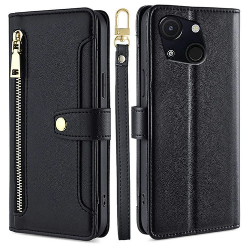 For itel A50C Leather Case Zipper Pocket Wallet Phone Cover with 2 Straps - Black - 1