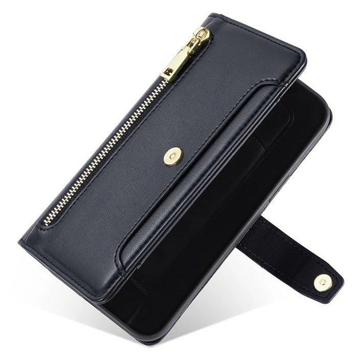 For itel A50C Leather Case Zipper Pocket Wallet Phone Cover with 2 Straps - Black - 5