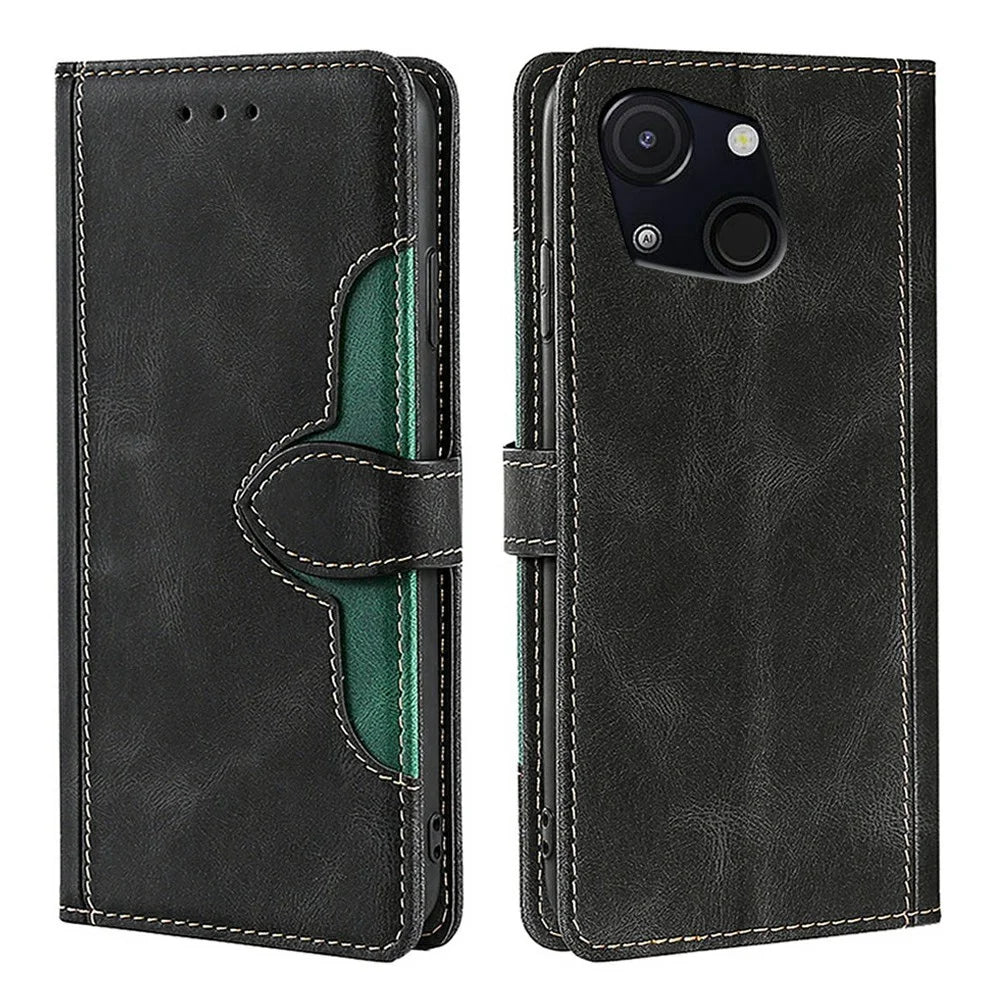 For itel A50C Case Leather Wallet Phone Cover with Straw Hat Magnetic Clasp - Black - 1