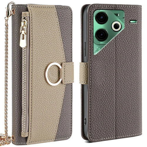 For TECNO Pova 6 Neo Case Mirror Wallet Leather Phone Cover with Chain Shoulder Strap - Grey - 1