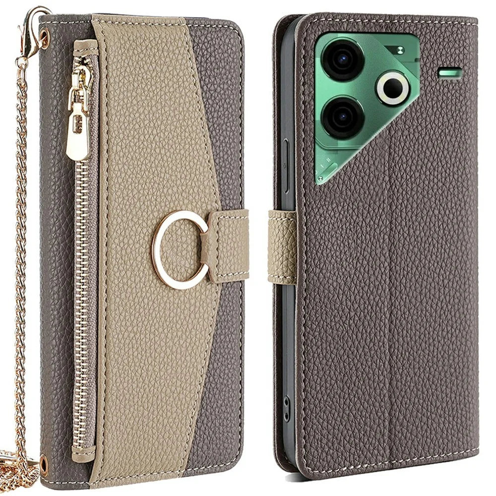 For TECNO Pova 6 Neo Case Mirror Wallet Leather Phone Cover with Chain Shoulder Strap - Grey - 1