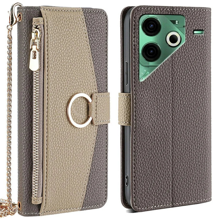 For TECNO Pova 6 Neo Case Mirror Wallet Leather Phone Cover with Chain Shoulder Strap - Grey - 1