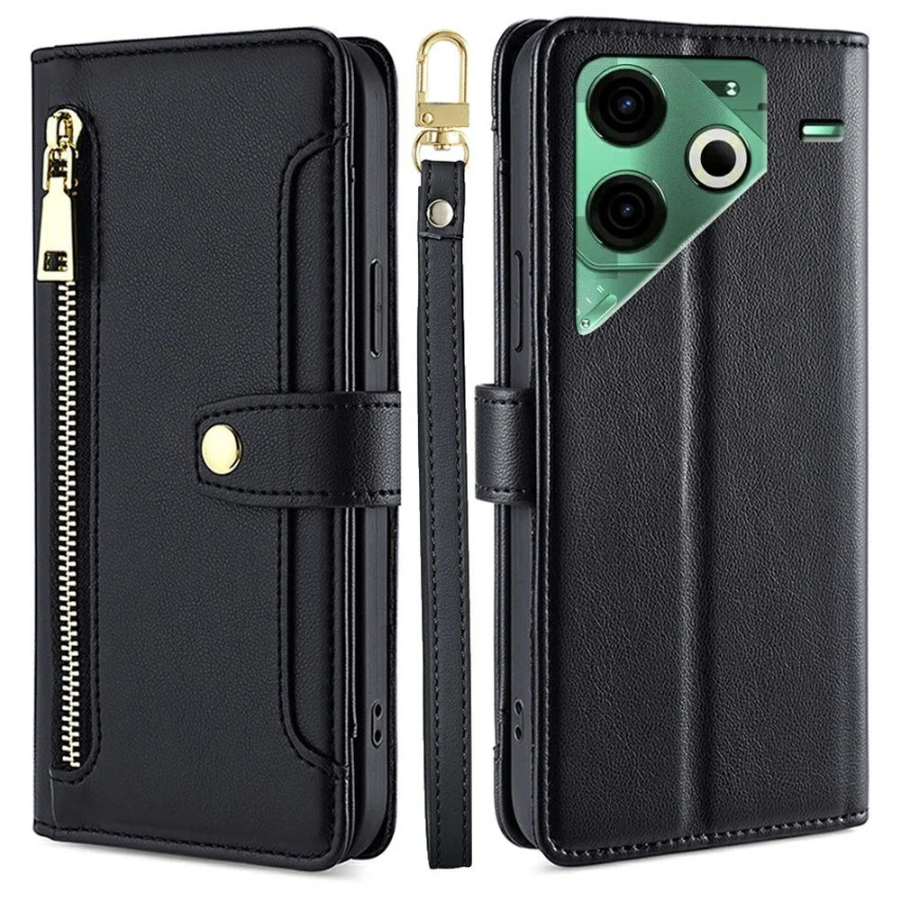 For TECNO Pova 6 Neo Leather Case Zipper Pocket Wallet Phone Cover with 2 Straps - Black - 1