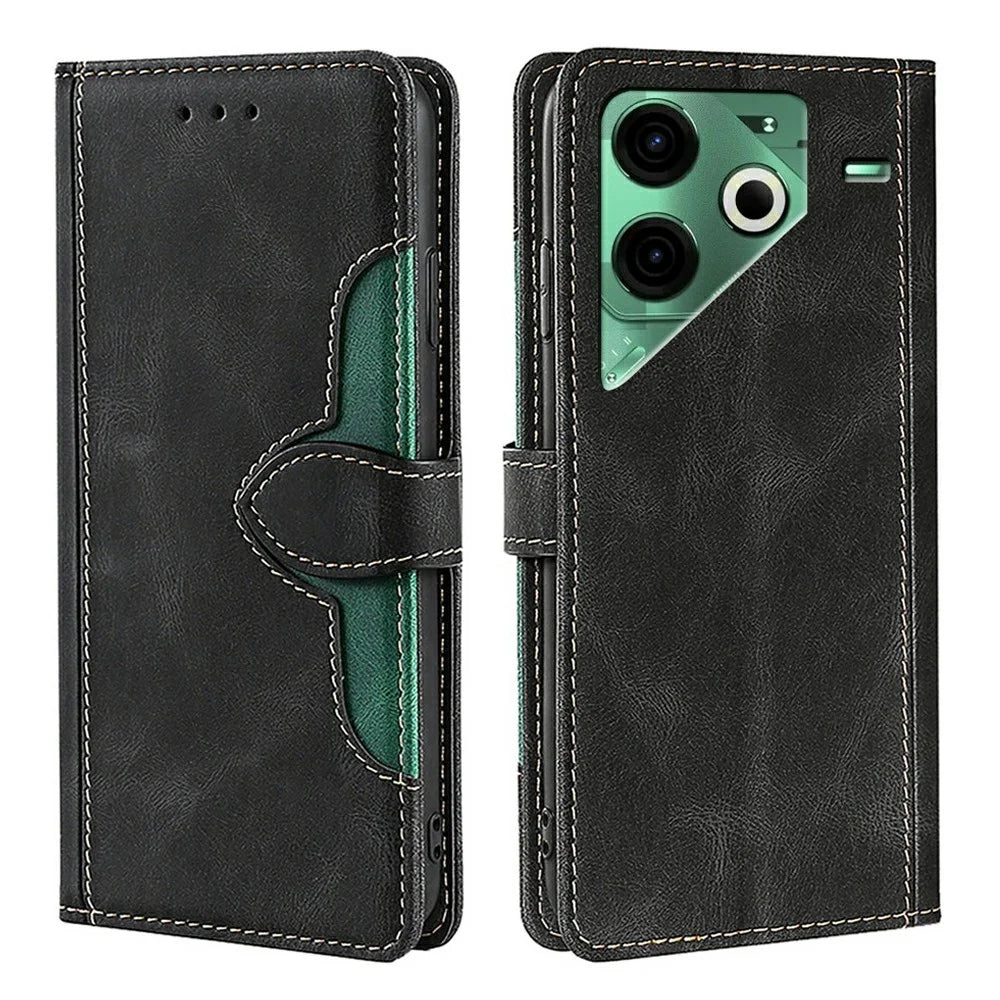 For TECNO Pova 6 Neo Case Leather Wallet Phone Cover with Straw Hat Magnetic Clasp - Black - 1